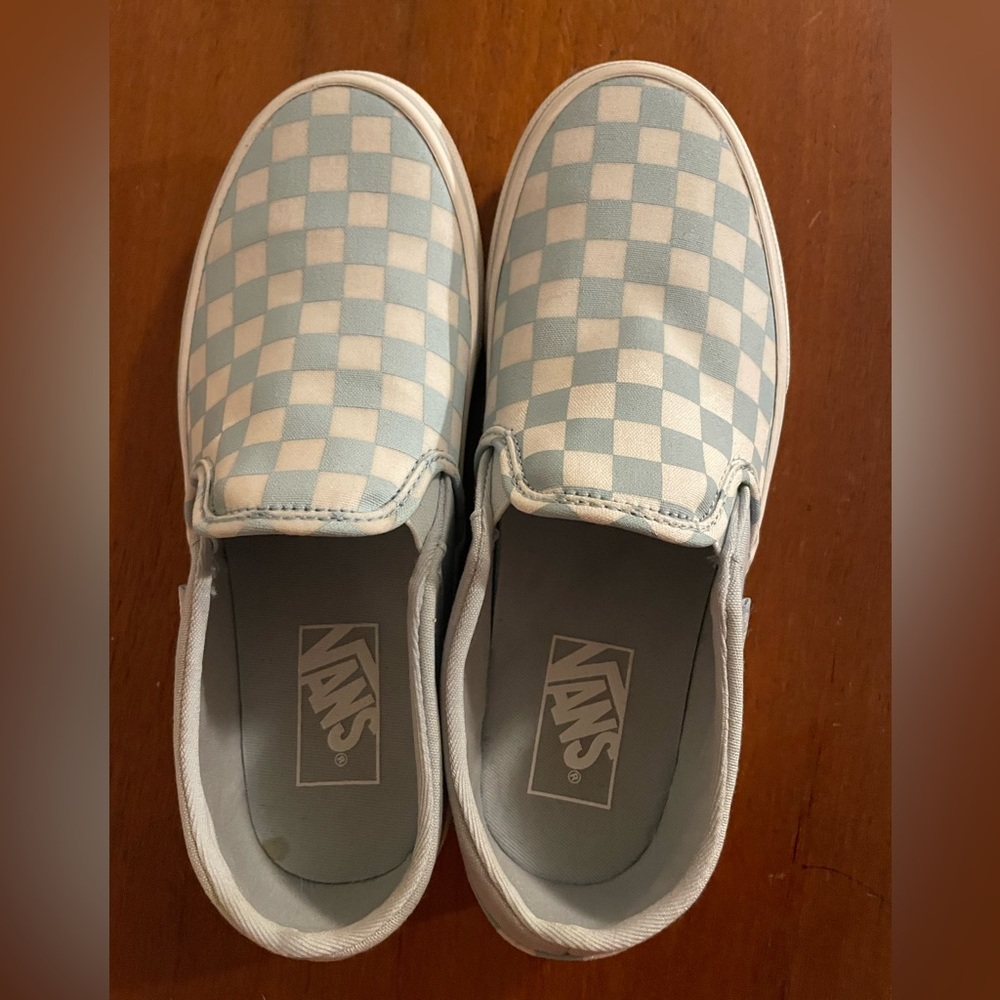 Womens size 7 light blue checkered Vans classic slip-ons